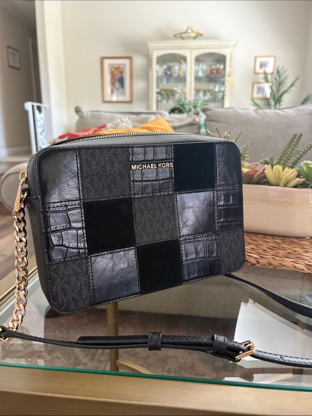 Michael Kors Black Patchwork Leather Crossbody Bag with Gold Chain Strap